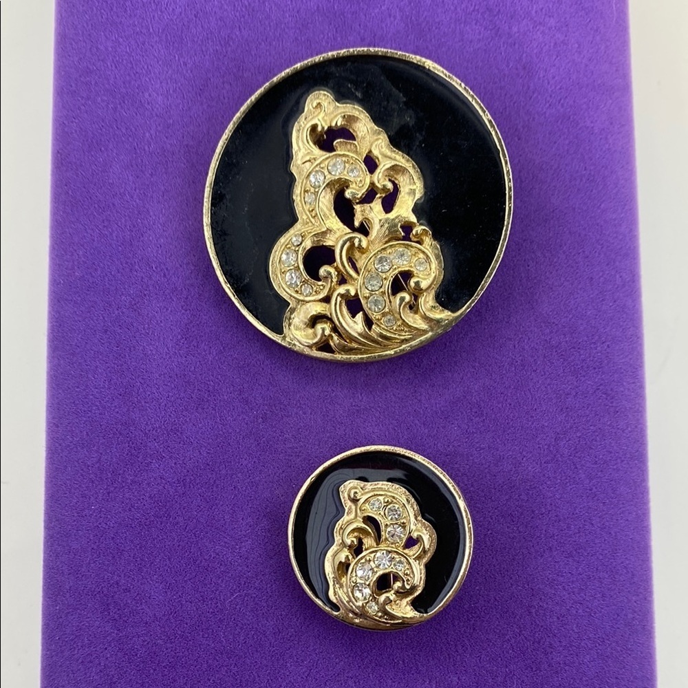 💛 Vintage Sarah Coventry Black and Gold Crystal Brooch Pendant Set